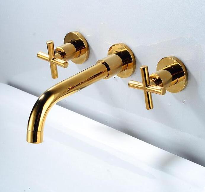 Antique Brass Widespread Bathroom 360 Swivel Spout Sink Faucet Wall Mounted Double Cross Handles Basin Faucet