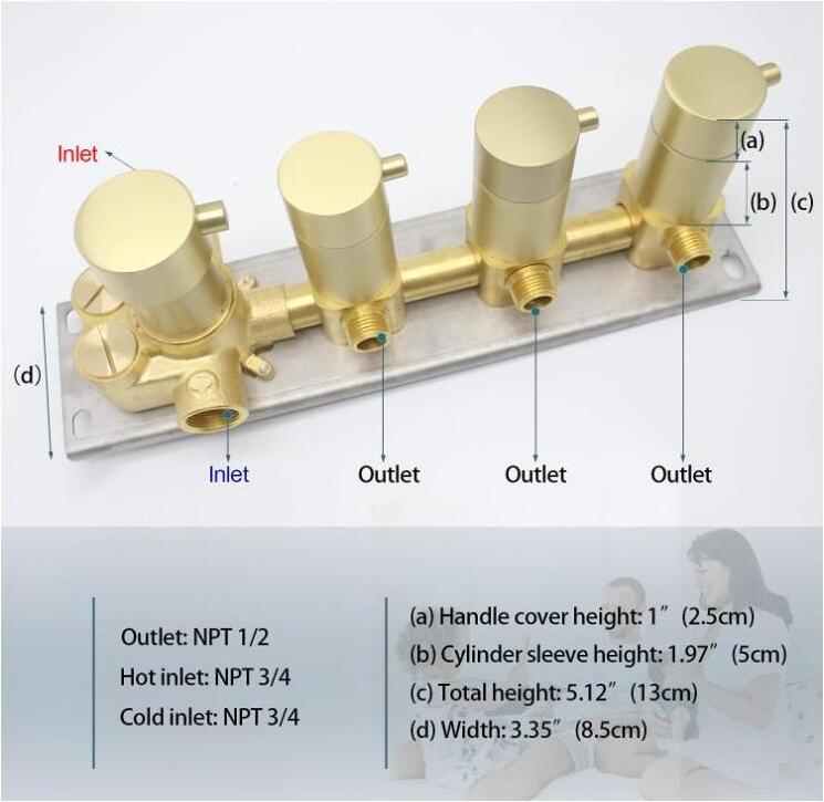 Brushed Gold 4 Handles Shower Water Diverter Mixer Concealed Thermostatic Valve with Round Knobs