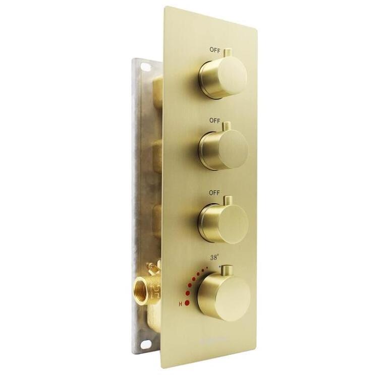 Brushed Gold 4 Handles Shower Water Diverter Mixer Concealed Thermostatic Valve with Round Knobs