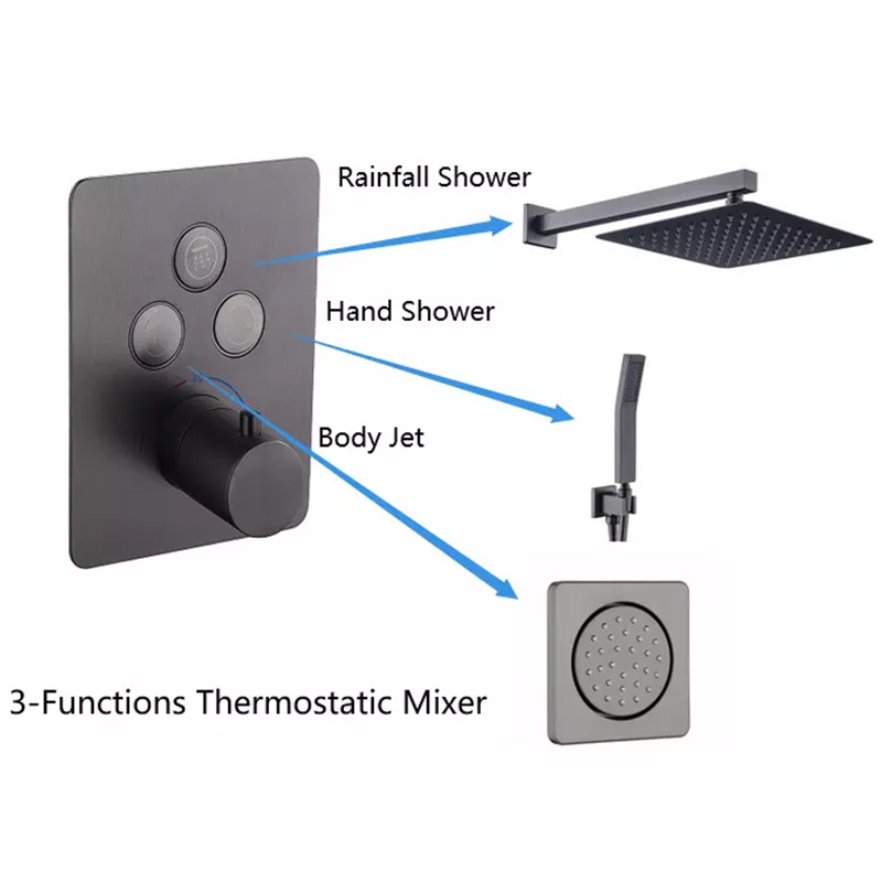 Smart Brass Concealed 3 Outlets 3 Way Chrome Push Button Thermostatic Shower Valve with Diverter kit