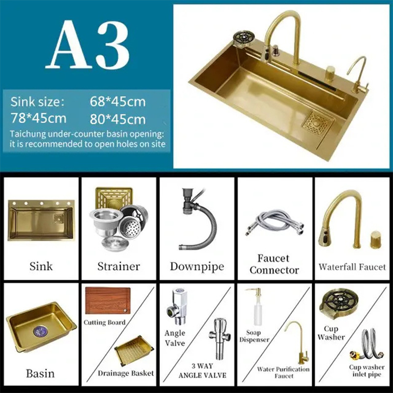 Golden Waterfall Sink Gold 304 Stainless Steel Faucet Handmade Kitchen Sink