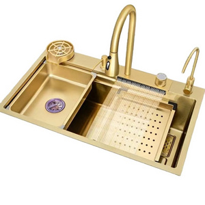 Golden Waterfall Sink Gold 304 Stainless Steel Faucet Handmade Kitchen Sink