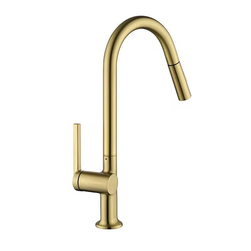 Brushed Gold Kitchen Faucet with Pull Down Sprayer High Arc Brassl Material One Hole Kitchen Mixer