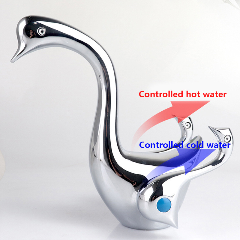 Gold Deck Mount Bathroom Faucet Swan Shape Dual Handle  Hot and Cold Water Tap Mixer Lavatory Basin Faucet for Hotel