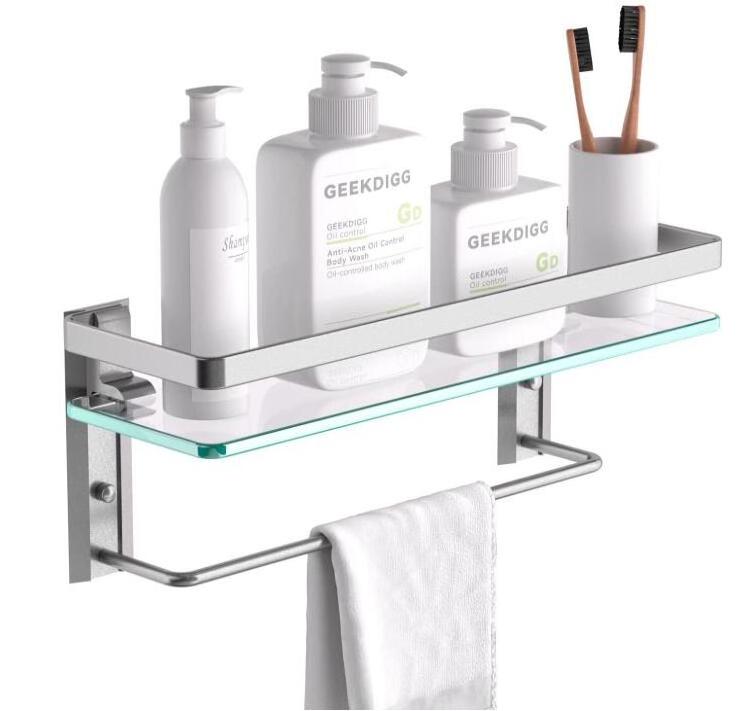 Glass Bathroom Shelf with Towel Bar, Tempered Glass Floating Glass Shelves for Bathroom, Wall Mounted Glass Shower Rack