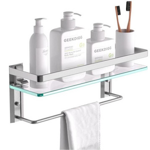 Glass Bathroom Shelf with Towel Bar, Tempered Glass Floating Glass Shelves for Bathroom, Wall Mounted Glass Shower Rack