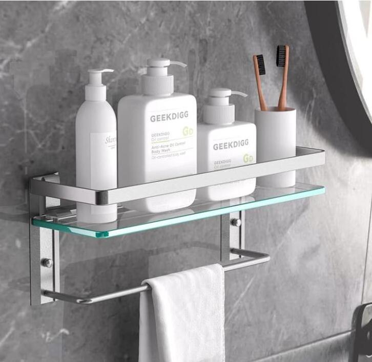 Glass Bathroom Shelf with Towel Bar, Tempered Glass Floating Glass Shelves for Bathroom, Wall Mounted Glass Shower Rack