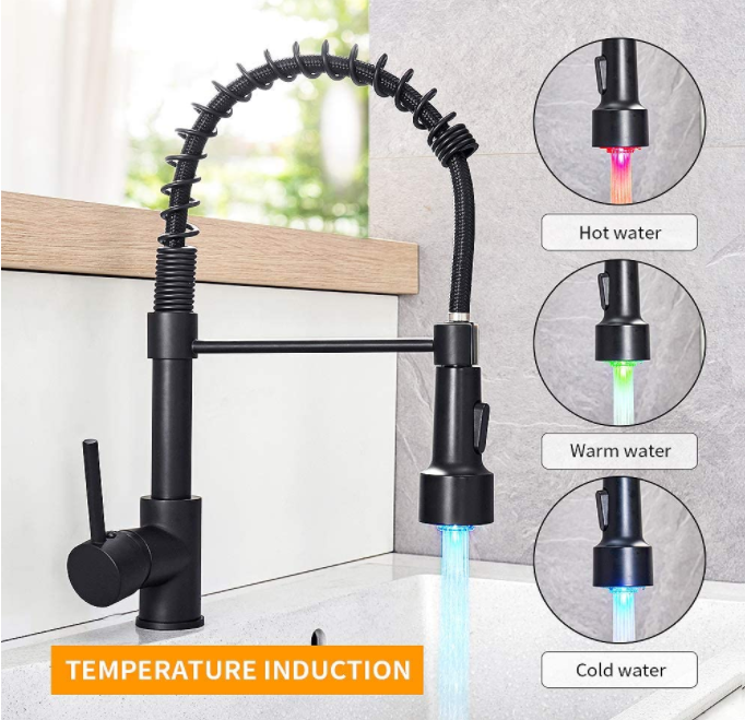 Modern Single Handle Pull Down Sprayer Spring Matte Black Kitchen Sink Faucet with LED Light