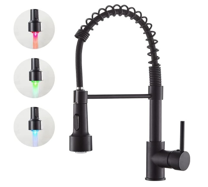 Modern Single Handle Pull Down Sprayer Spring Matte Black Kitchen Sink Faucet with LED Light