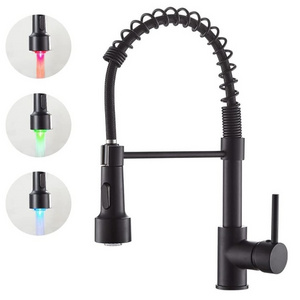 Modern Single Handle Pull Down Sprayer Spring Matte Black Kitchen Sink Faucet with LED Light