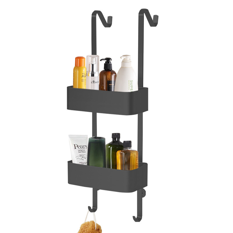 Wall Mounted Adhesive Stainless Steel Black Shower Caddy Shelf with Hooks Storage Rack Organizer for Bathroom