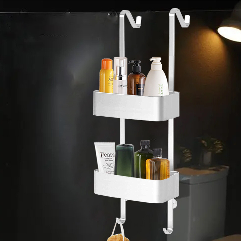 Wall Mounted Adhesive Stainless Steel Black Shower Caddy Shelf with Hooks Storage Rack Organizer for Bathroom