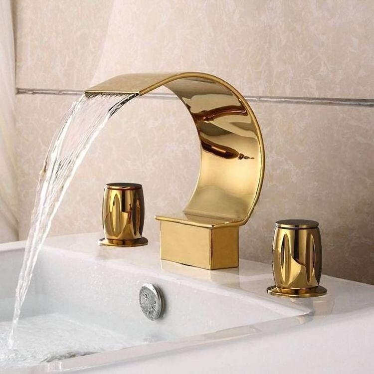 Gold Waterfall Bathroom Faucet 3 Hole 8 Inch Widespread Bathroom Sink Faucet