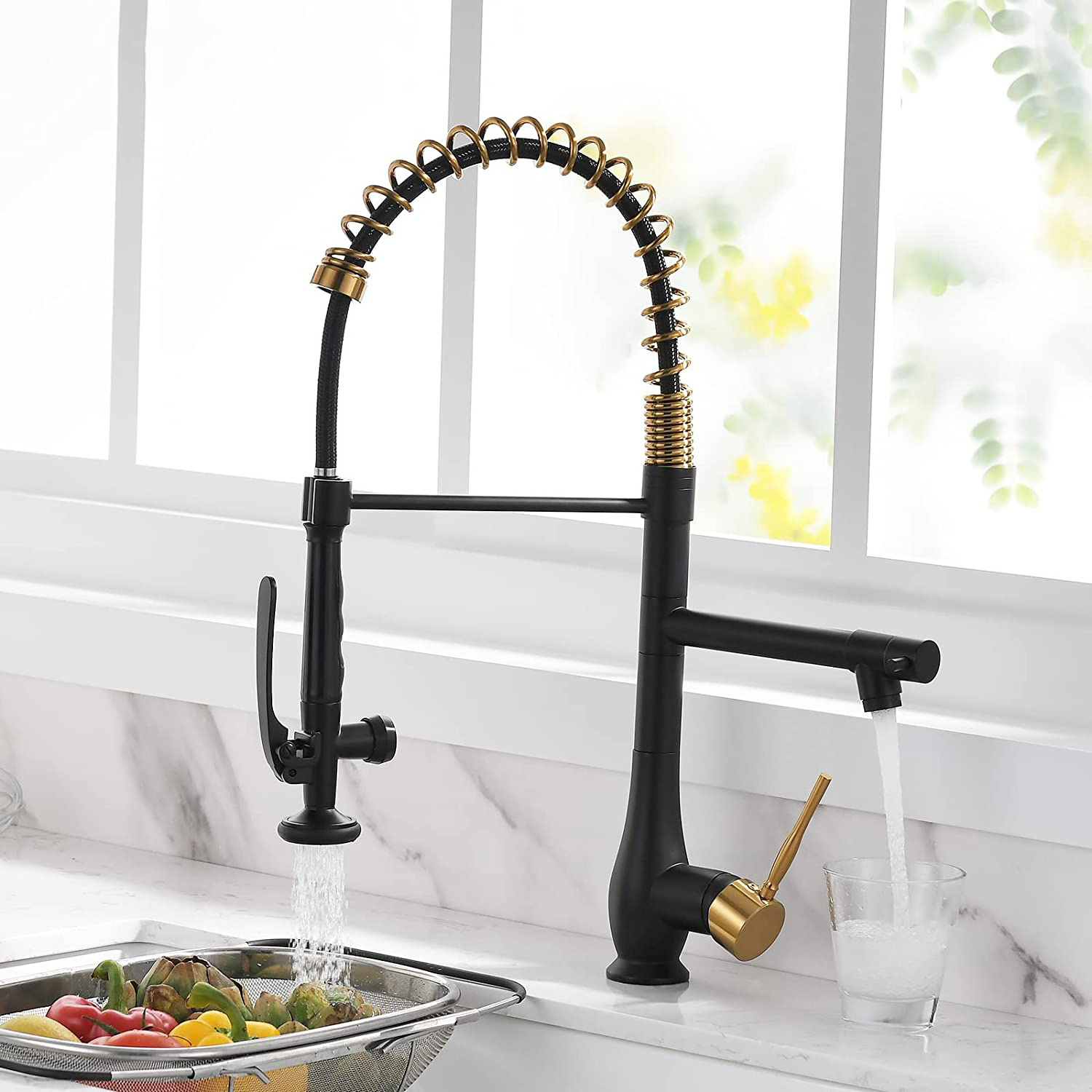 2 Functions Pull Down 304 Stainless Steel Black&Gold Pull Out Kitchen Sink Faucet Mixer Tap