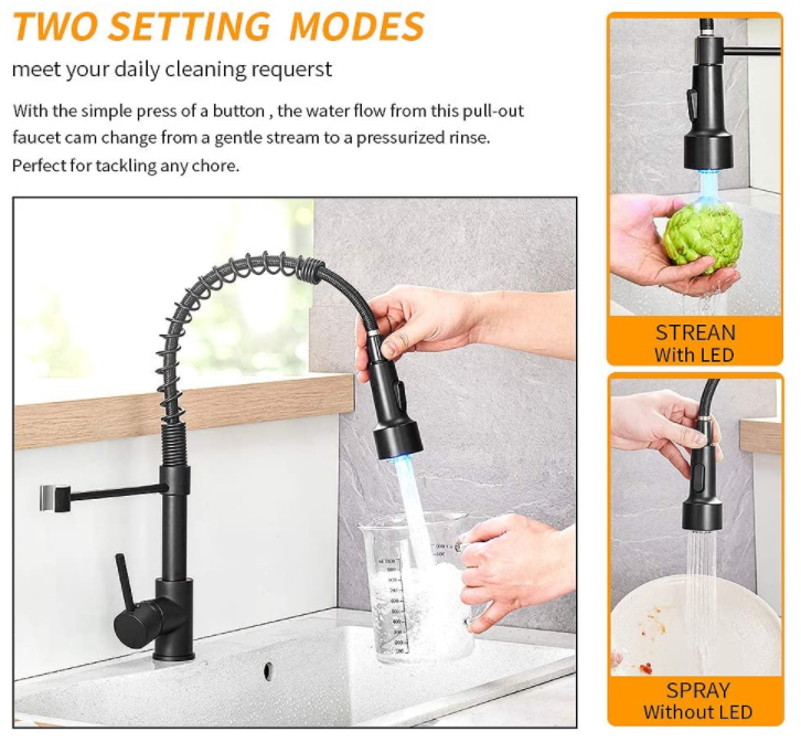 Modern Single Handle Pull Down Sprayer Spring Matte Black Kitchen Sink Faucet with LED Light