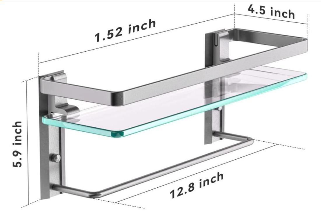 Glass Bathroom Shelf with Towel Bar, Tempered Glass Floating Glass Shelves for Bathroom, Wall Mounted Glass Shower Rack