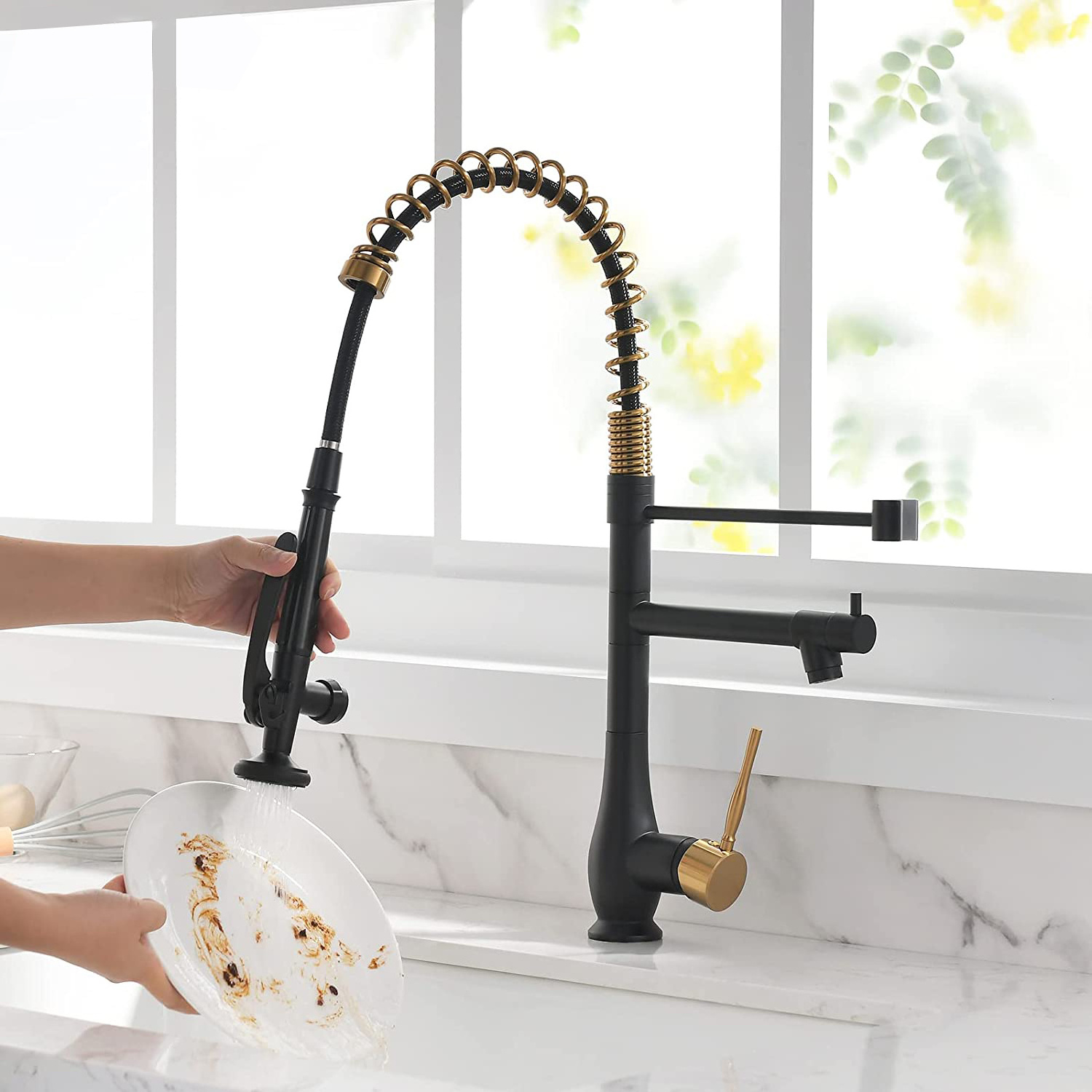 2 Functions Pull Down 304 Stainless Steel Black&Gold Pull Out Kitchen Sink Faucet Mixer Tap