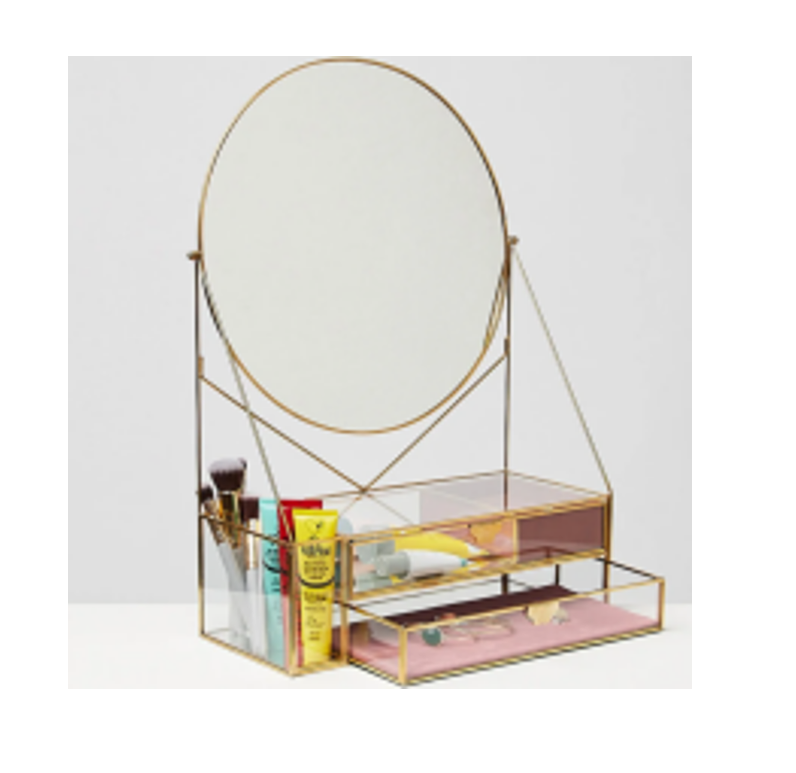 Trending Customised Gold & Glass Pink Round Dressing Table Mirror Home Decor Wall & Display Shelve Customised Colours