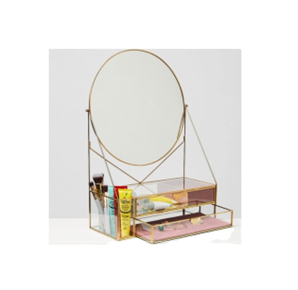 Trending Customised Gold & Glass Pink Round Dressing Table Mirror Home Decor Wall & Display Shelve Customised Colours