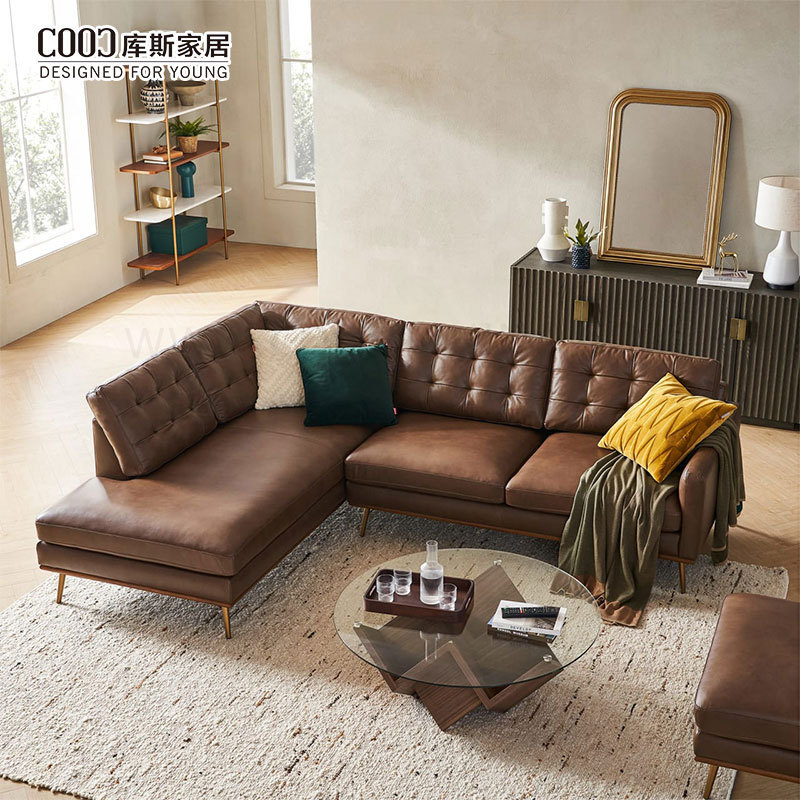 Factory Cost Custom Tufted Brown Modern Living Room L Shape Corner Sectional Sofa Set Leather Couch