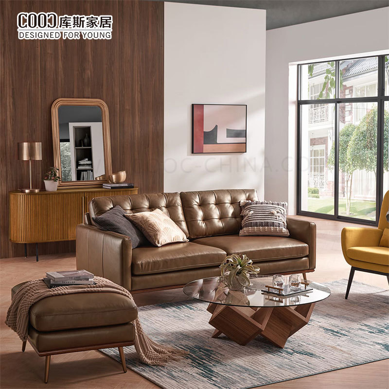 Factory Cost Custom Tufted Brown Modern Living Room L Shape Corner Sectional Sofa Set Leather Couch