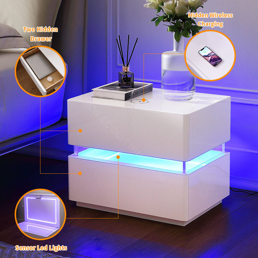 Wireless Charging Hotel Acrylic Wooden White Modern Led Smart Night Stand Bedside Table Nightstand