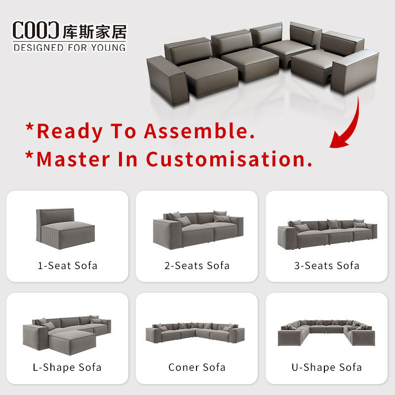 Modern KD Assembly Corner Sofa Modular Couch Fabric Gray Living Room Furniture Sectional Sofa Set