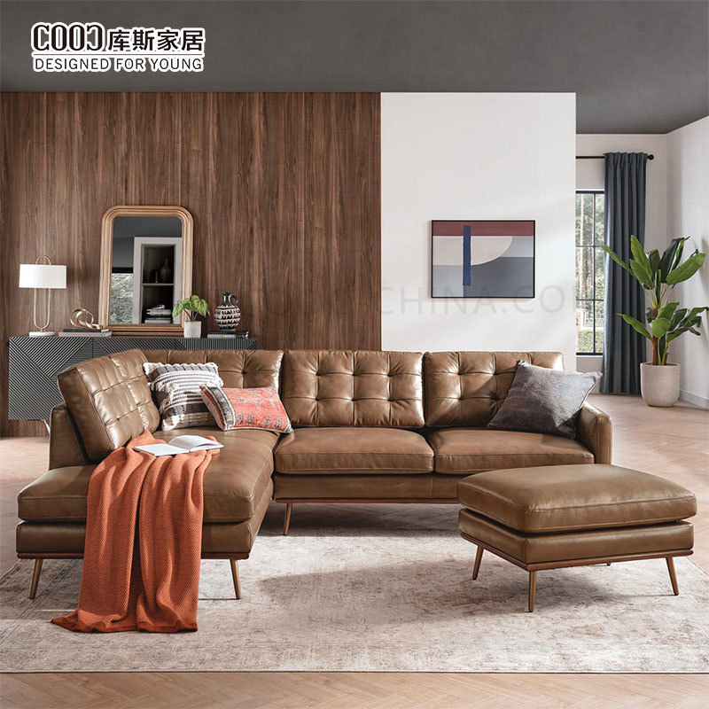 Factory Cost Custom Tufted Brown Modern Living Room L Shape Corner Sectional Sofa Set Leather Couch