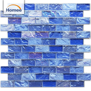 Cheap Price Japanese Outdoor Iridescent Crackle Glass Tiles Ocean Sea Blue Wave Mosaic Glass Swimming Pool Tile