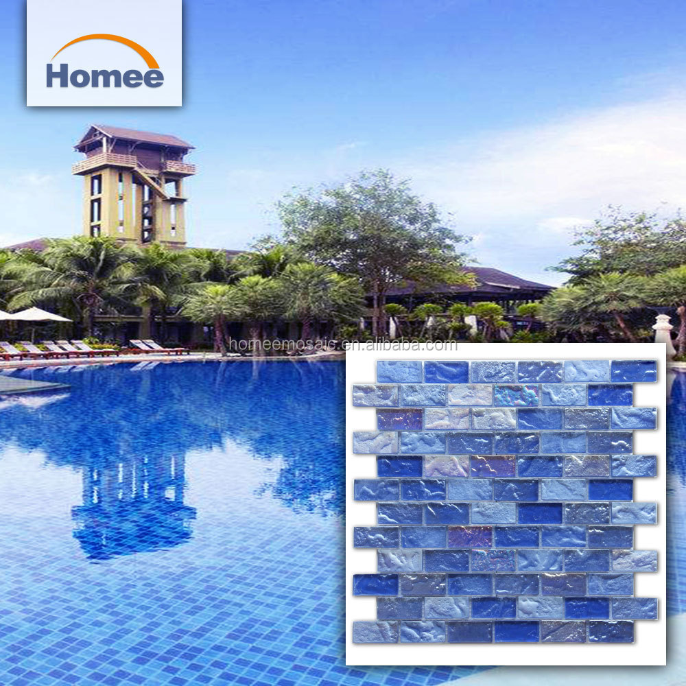 Cheap Price Japanese Outdoor Iridescent Crackle Glass Tiles Ocean Sea Blue Wave Mosaic Glass Swimming Pool Tile