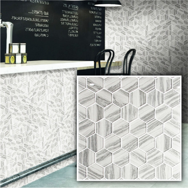 White Hexagon Wall Tiles 3D Inkjet Printed Wall Floor Tiles Wood Look Kitchen Backsplash Mosaic Glass Tile