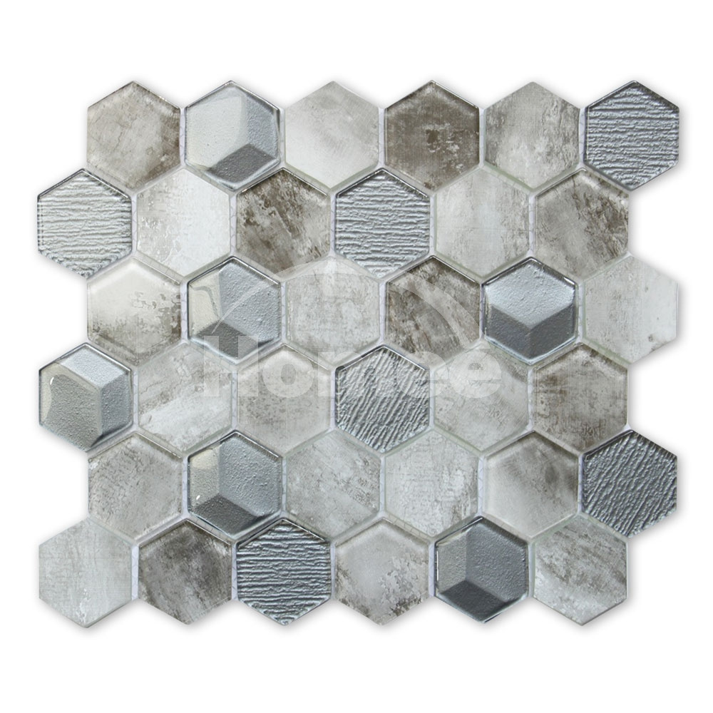 High Quality 8Mm Wall Art Decor 3D Wave Grey Blue Background Hexagon Pattern Shape Crystal Glass Kitchen Backsplash Mosaic Tile