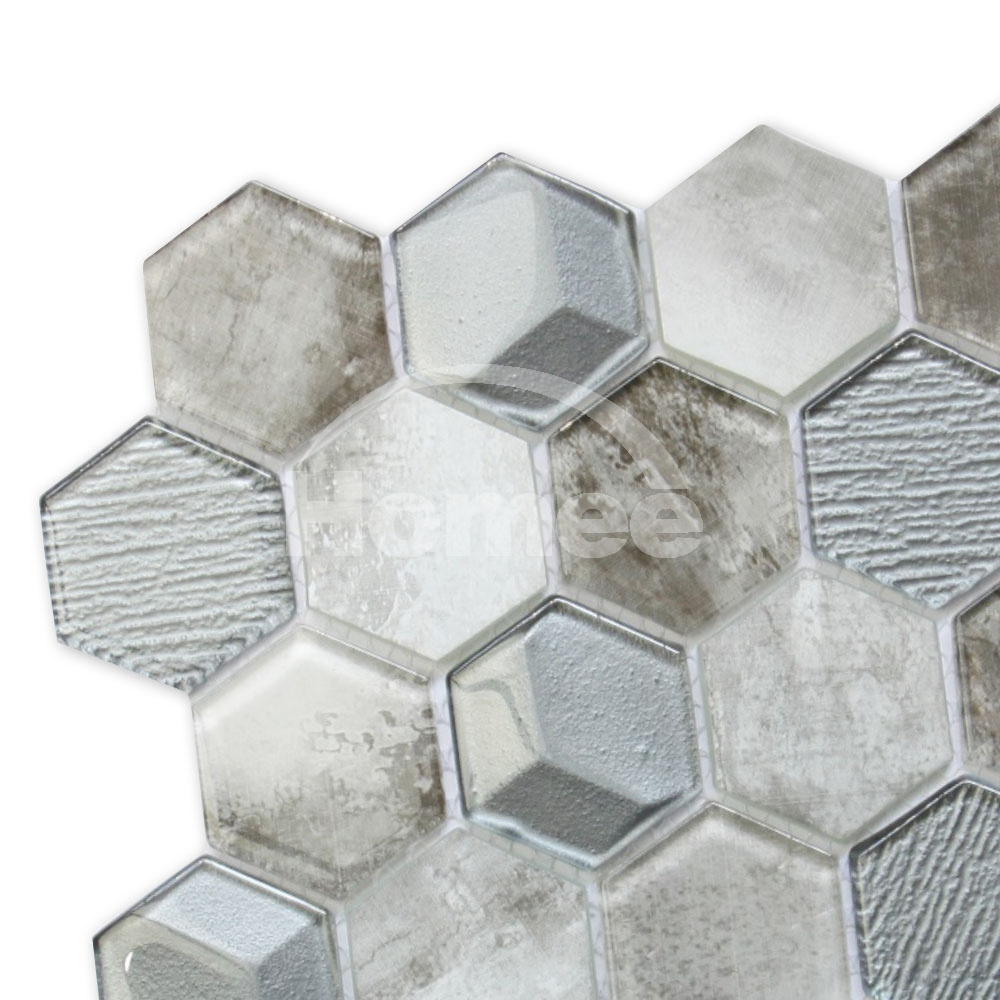 High Quality 8Mm Wall Art Decor 3D Wave Grey Blue Background Hexagon Pattern Shape Crystal Glass Kitchen Backsplash Mosaic Tile