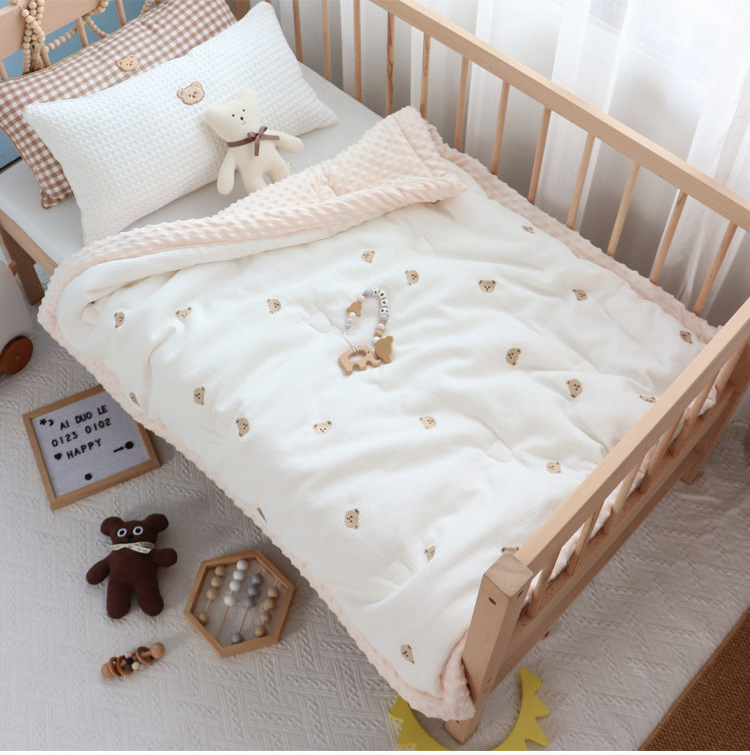 Cute 100% Cotton Mini Waffle Embroidery Baby Quilts Soft Dots Minky Baby Bedding Set