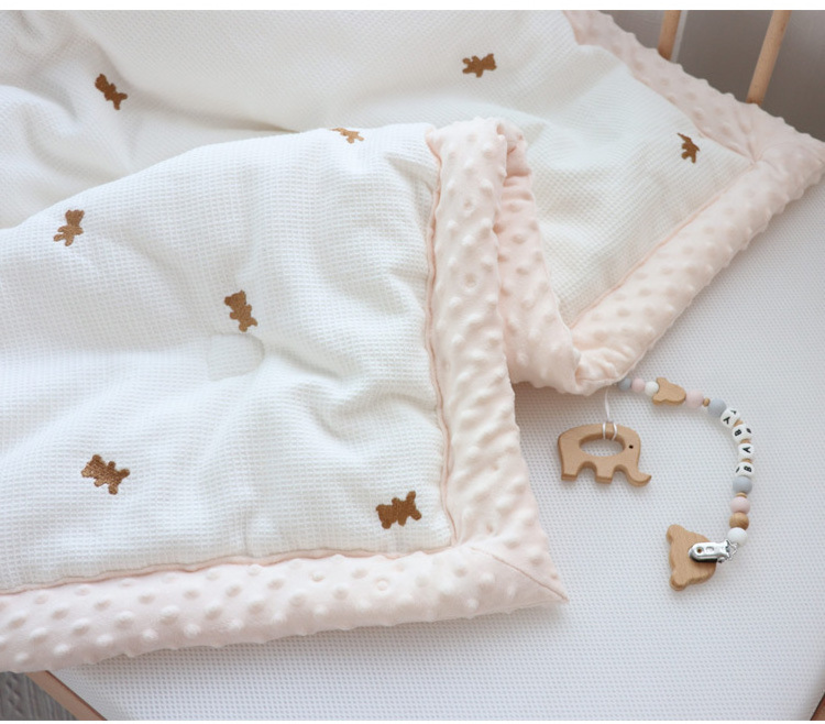 Cute 100% Cotton Mini Waffle Embroidery Baby Quilts Soft Dots Minky Baby Bedding Set