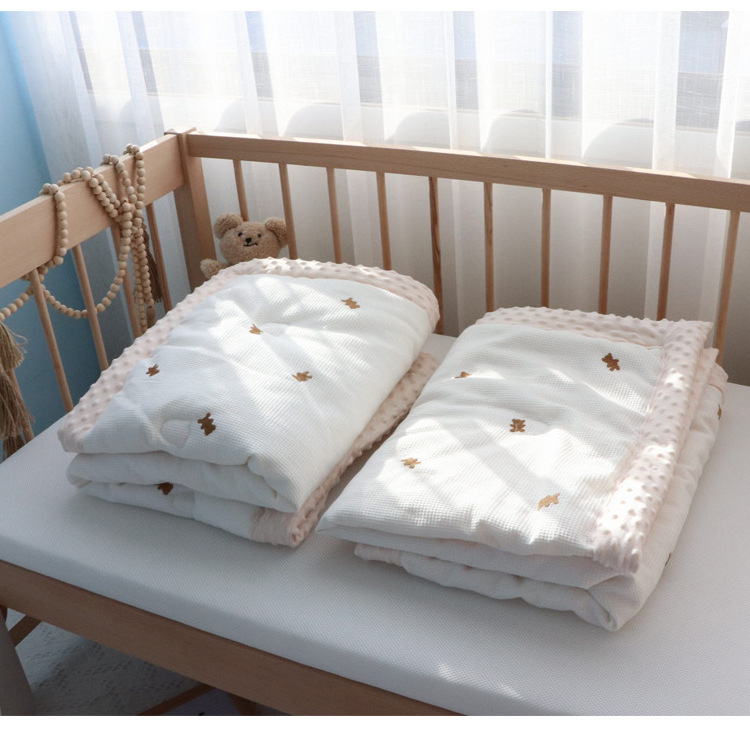 Cute 100% Cotton Mini Waffle Embroidery Baby Quilts Soft Dots Minky Baby Bedding Set