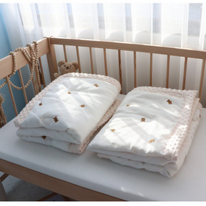 Cute 100% Cotton Mini Waffle Embroidery Baby Quilts Soft Dots Minky Baby Bedding Set