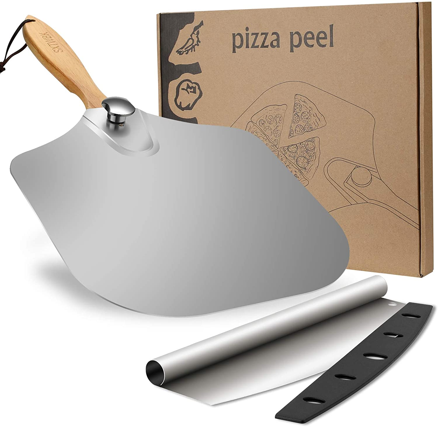 Stainless Steel Kitchen Pizza Transfer Peel Shovel With Foldable Handle Oven Accessories With Wooden Handle Cutter