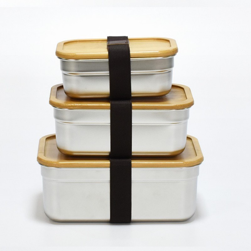 Nicety Stainless Food Storage Bins Leakproof Rectangle Metal Lunch boxes Stainless Steel Lunch Box Set With Bamboo Locking Lids