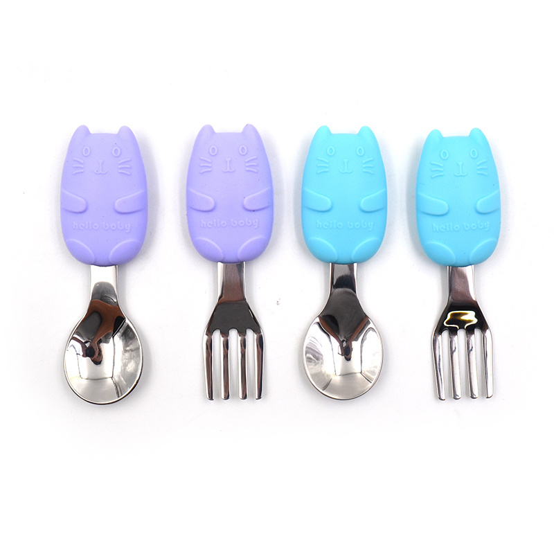 Cute Stainless Steel Baby Spoon Fork Knife Utensil Set for Kids Toddlers Babies