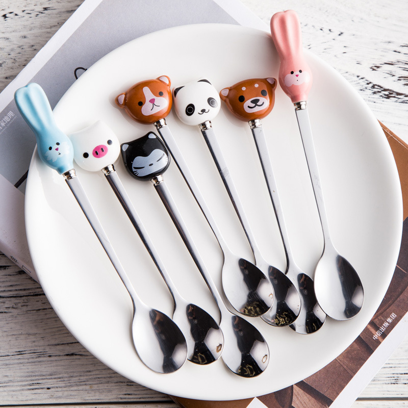 Bear cat panda dog pig rabbit ceramic head with stainless steel spoons