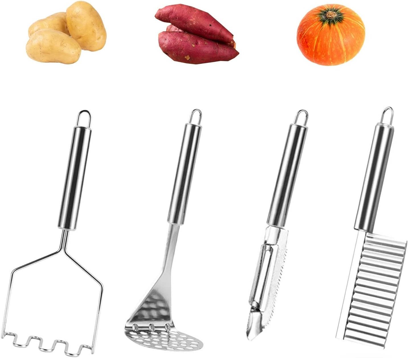 4 Pack Stainless Steel Potato Masher Tools - Includes Heavy Duty Hand Potato Masher, Multi-functional Peeler, Crinkle Cutter