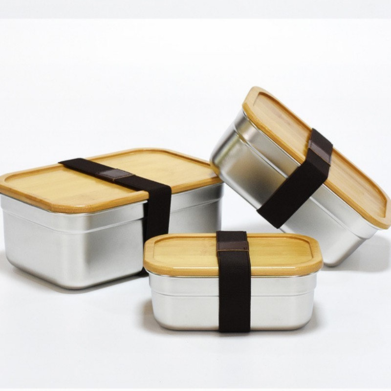 Nicety Stainless Food Storage Bins Leakproof Rectangle Metal Lunch boxes Stainless Steel Lunch Box Set With Bamboo Locking Lids