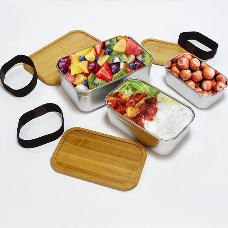 Nicety Stainless Food Storage Bins Leakproof Rectangle Metal Lunch boxes Stainless Steel Lunch Box Set With Bamboo Locking Lids