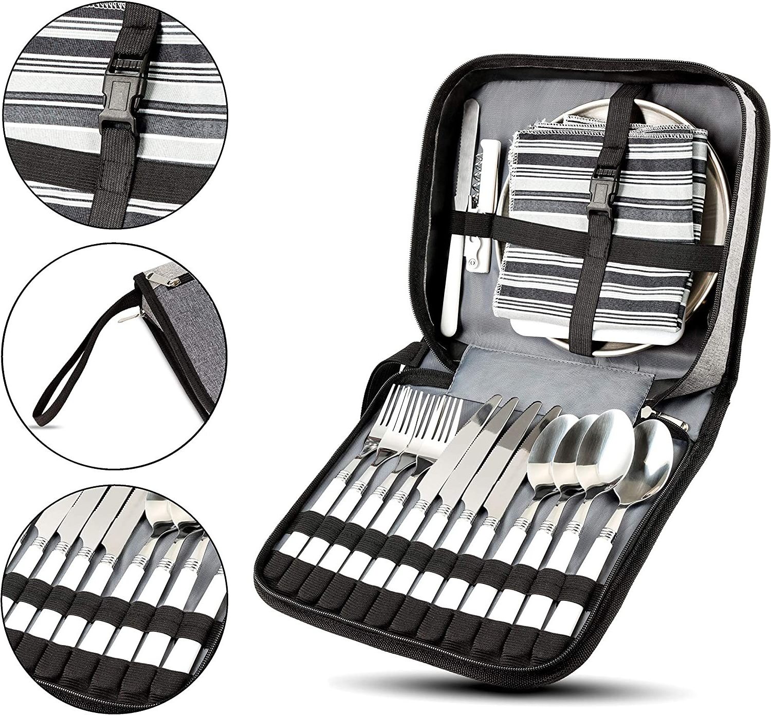 Camping Silverware Kit Cutlery Organizer Utensil Picnic Set - 24 Piece Mess Kit for 4