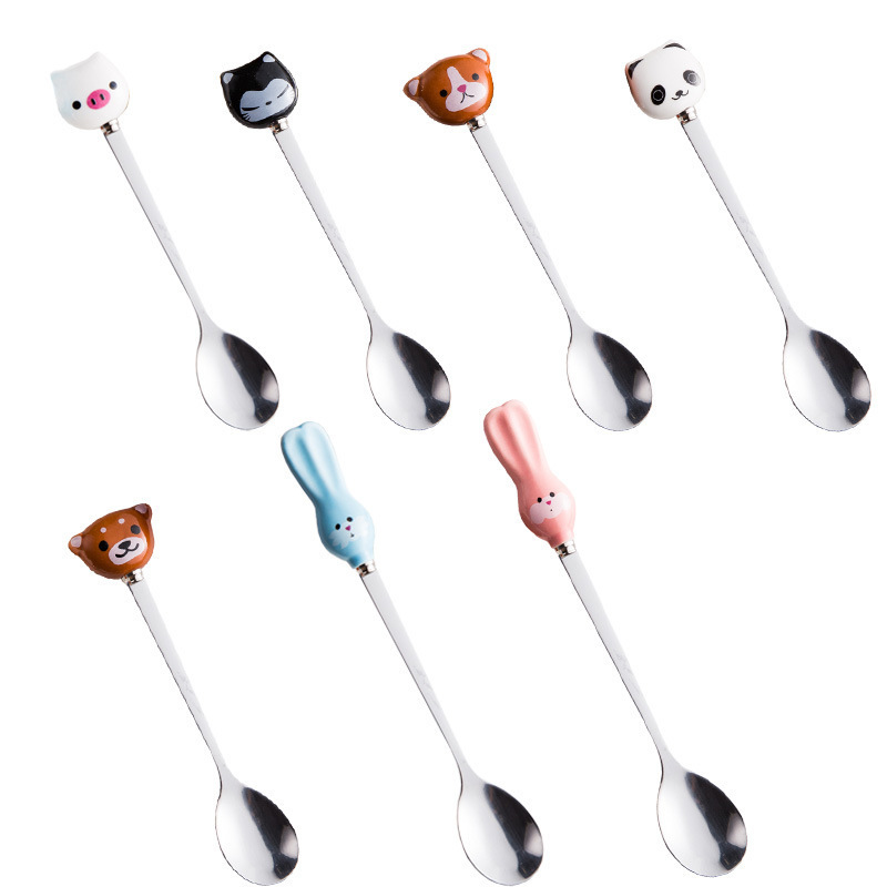 Bear cat panda dog pig rabbit ceramic head with stainless steel spoons