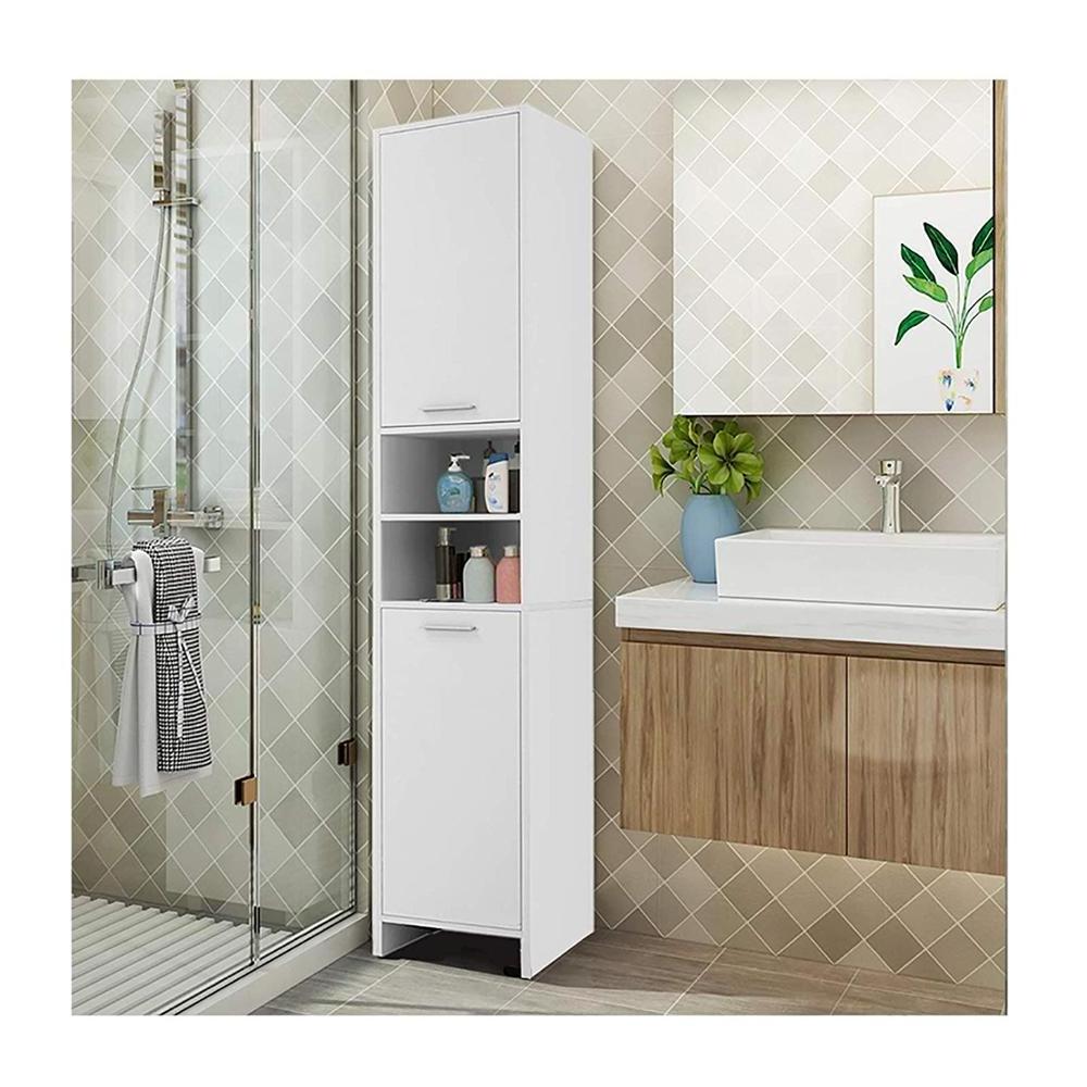 White Bathroom Tall Cabinet Tallboy Cupboard Storage Unit Shelves Wood Floor