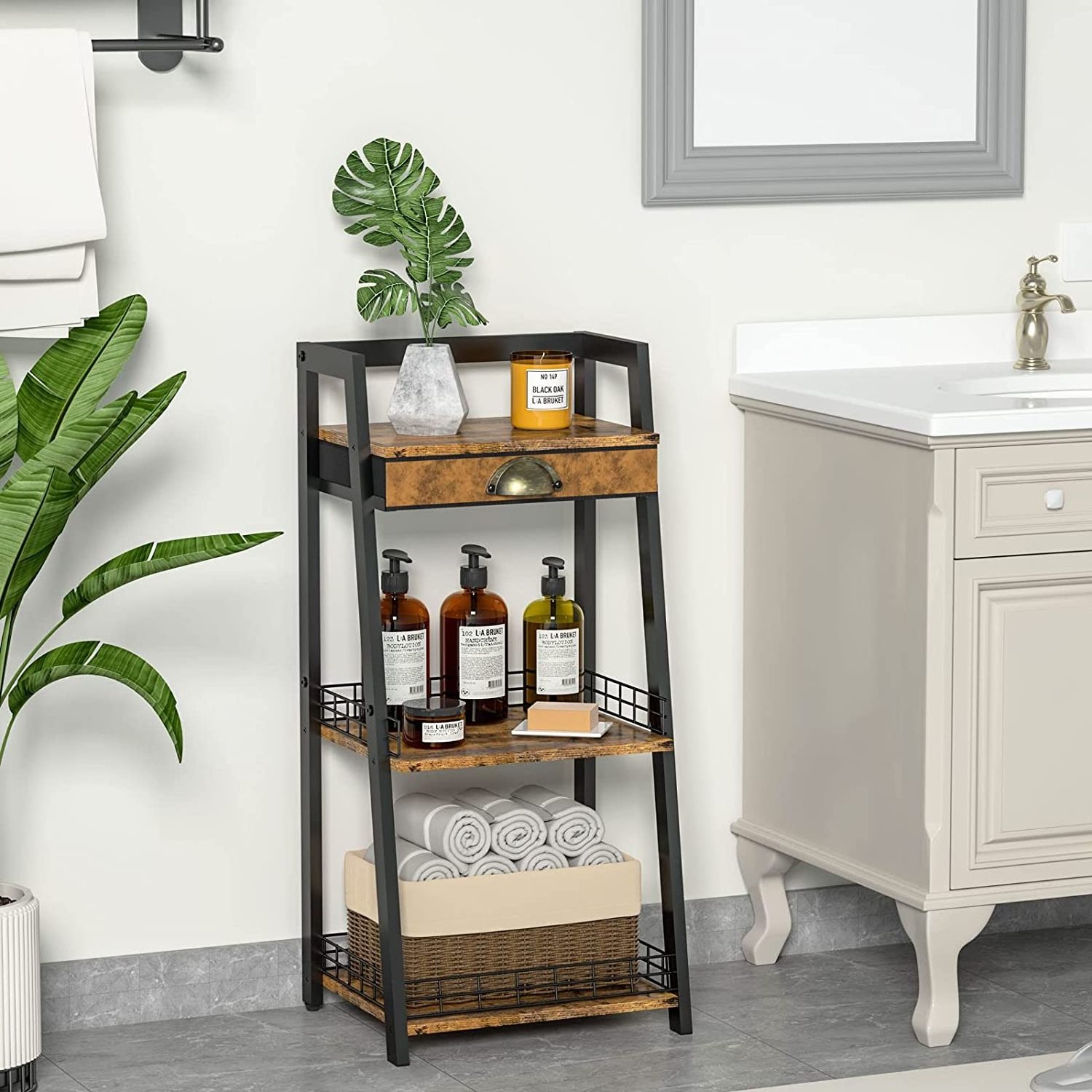 Multi-functional Ladder Shelf with 3 Tiers Modern Storage Rack with Drawer for Living Room and Bathroom