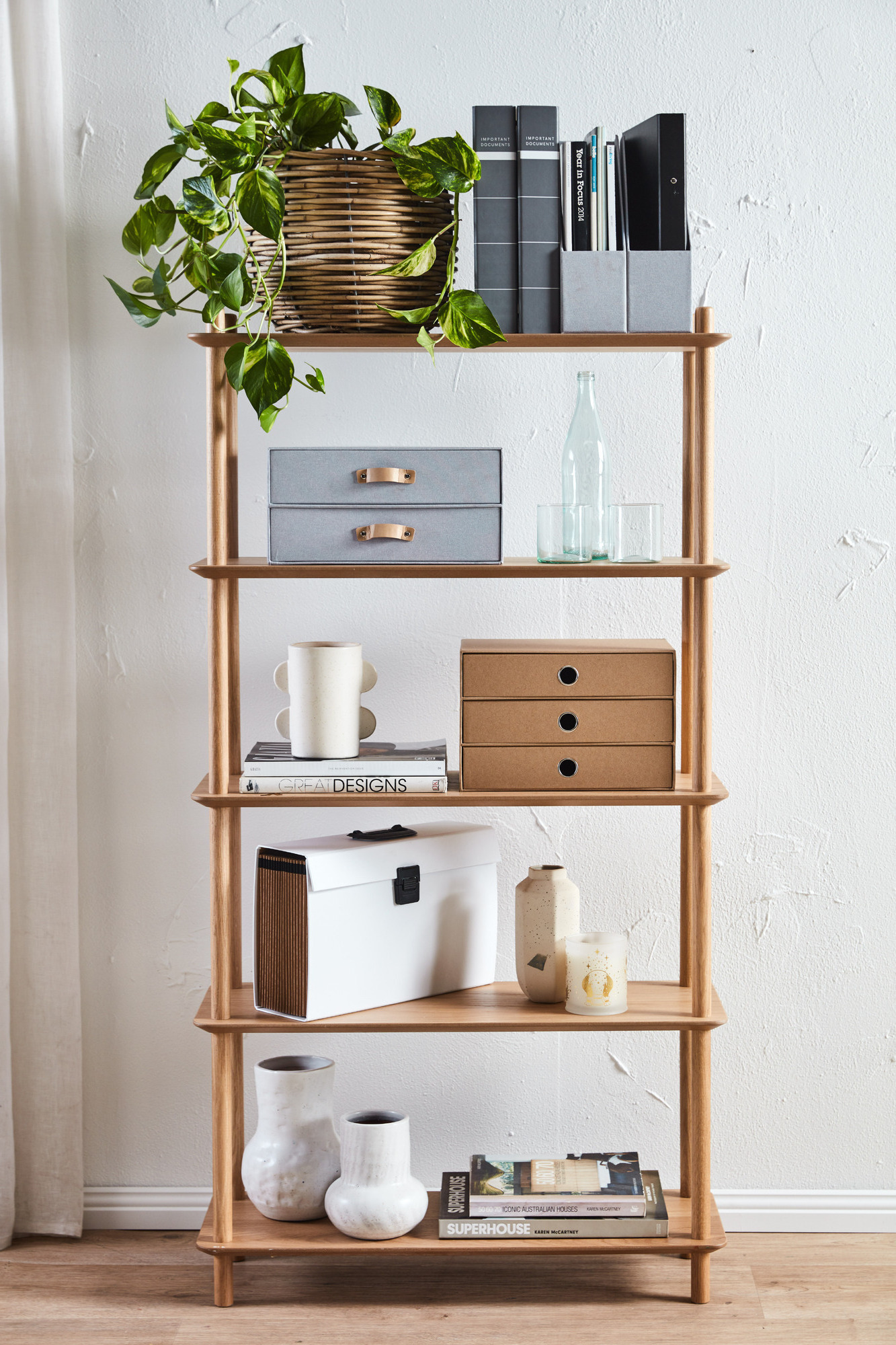 Modern Minimalistic Design Oak Wood 5 Tier Bookcase Solid Wood Five-Tier Shelf Wall Units