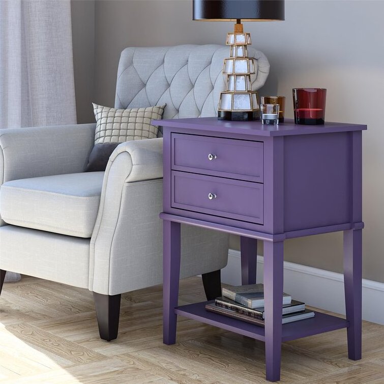 Luxury Wooden Nightstand to Save Space Unique Stylish Purple Sofa Bedside Table with 2 Drawers and Open Shelf